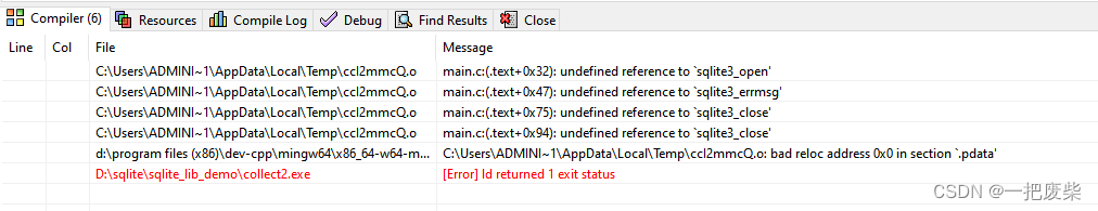 【DEV C++ & sqlite3】 undefined reference to `sqlite3_open‘ collect2.exe ...