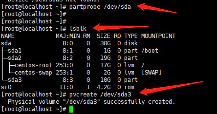 刷新分區並創建物理卷將sda剩餘空間全部給sda31fdisk/dev/sda4.