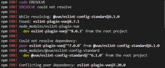 npm ERR! code ERESOLVEnpm ERR! ERESOLVE could not resolvenpm ERR! npm ERR! While resolving: @vue/