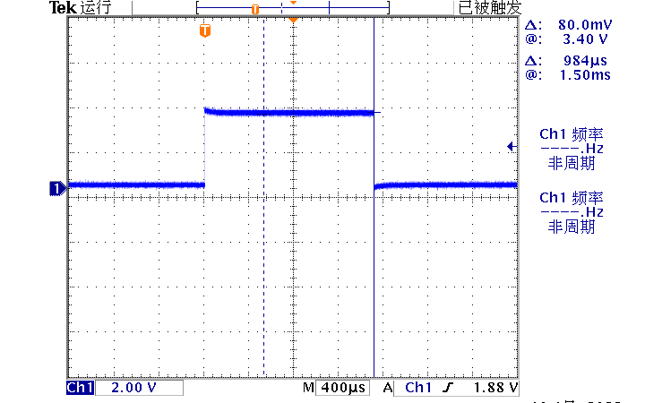 ▲ 图1.1.4 占空比参数为77 时对应的输出脉冲信号：1.5ms