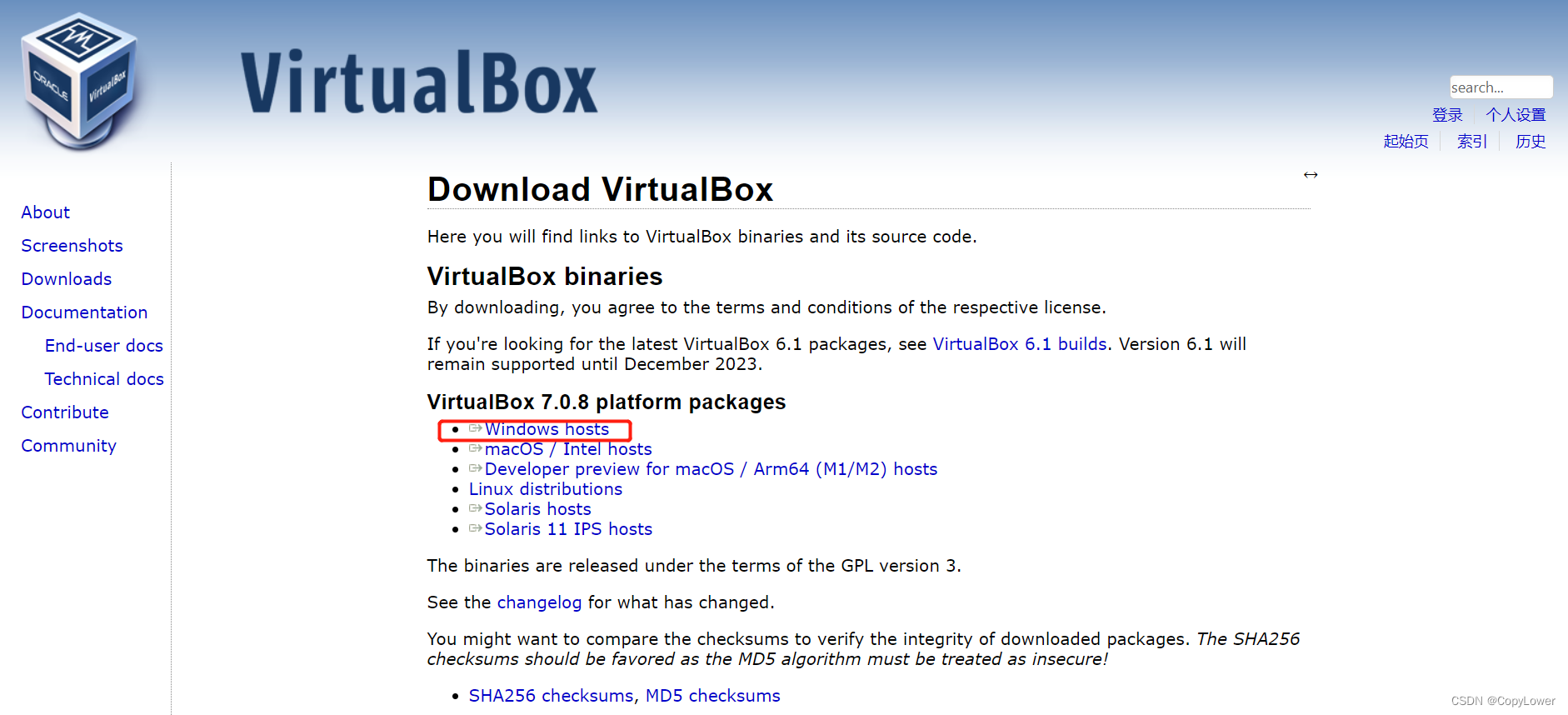 Download da versão do VirtualBox para Windows