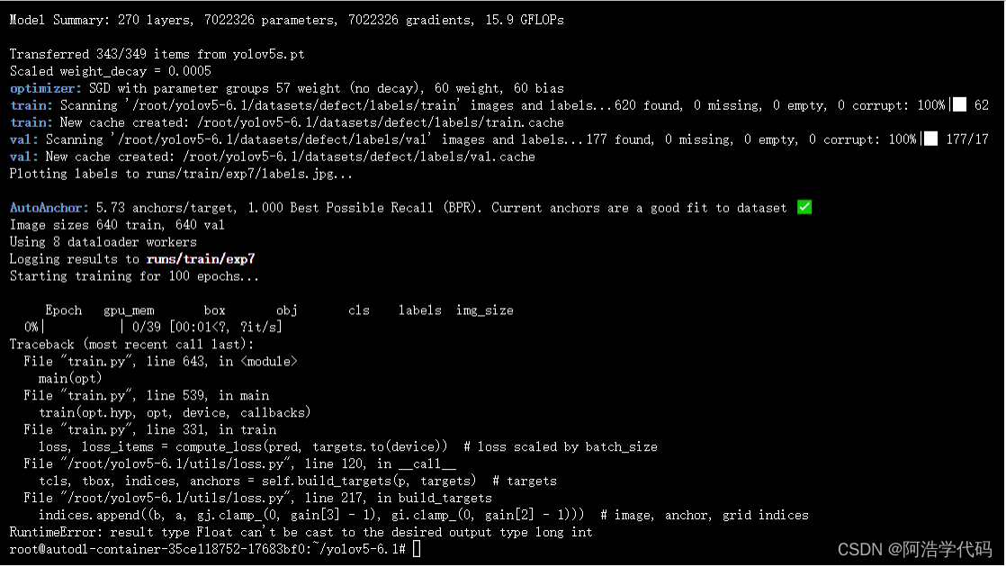 解决错误：RuntimeError result type Float can‘t be cast to the desired output type __int64_result