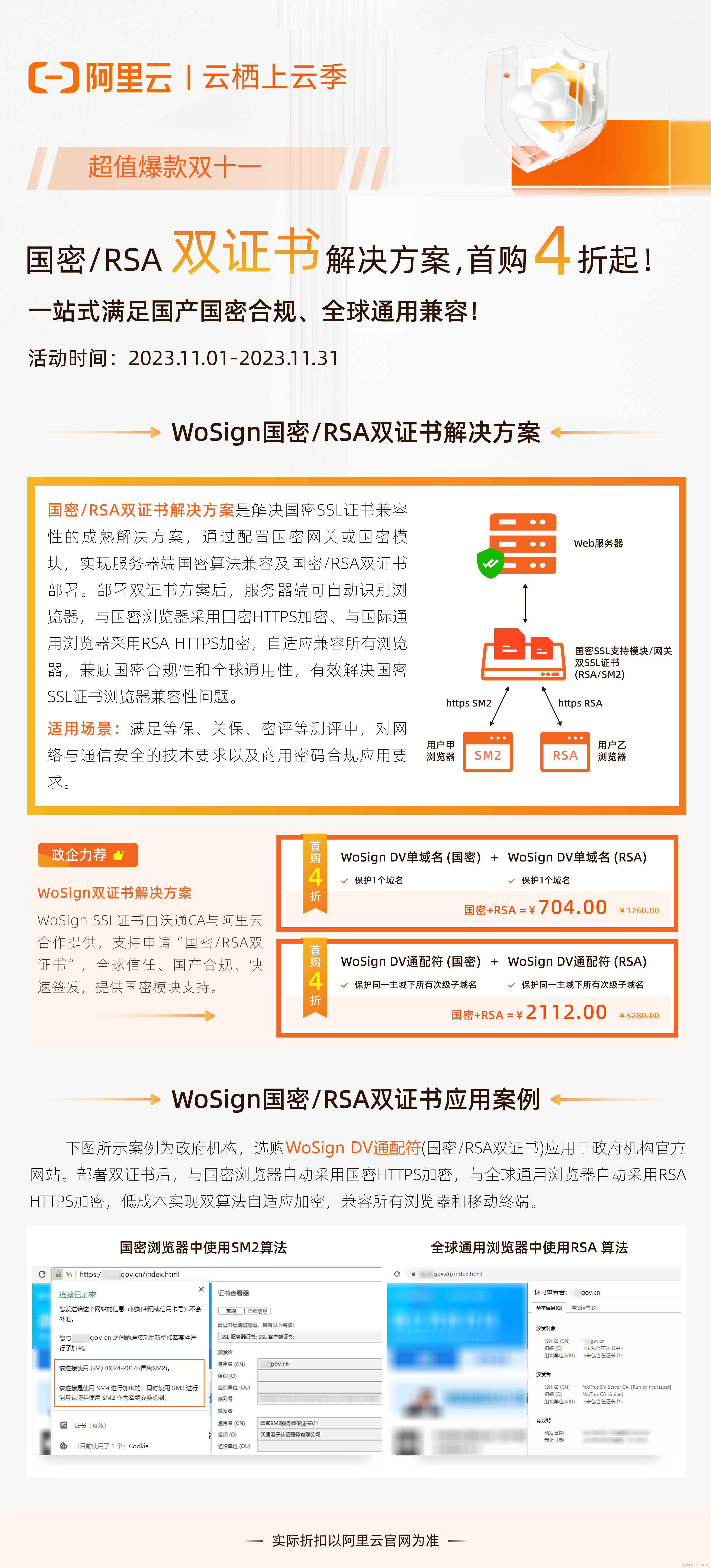 阿里云双11大促，WoSign SSL国密RSA双证书首购4折优惠