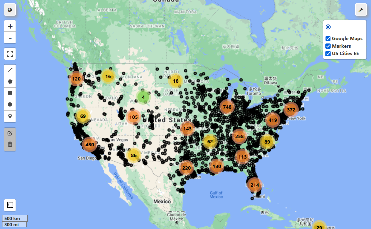 大圈为markers，黑点为US Cities ee