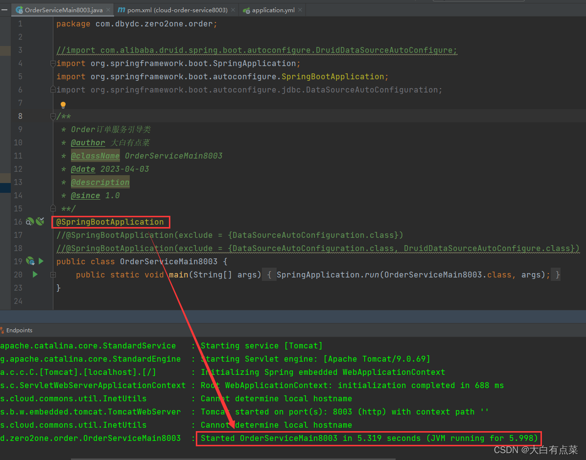 在 cloud-order-service8003 模块的 pom.xml 中移除 Druid 数据连接池依赖和 MyBatis-Plus 依赖。