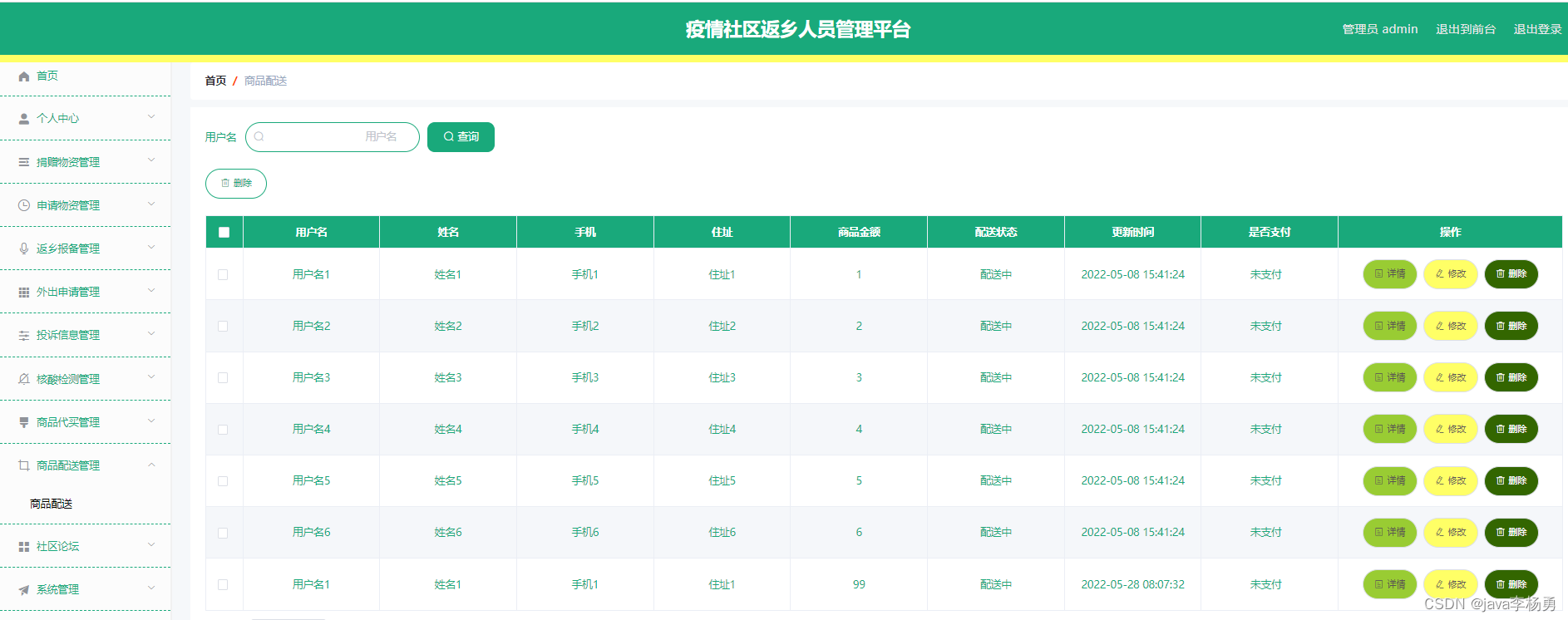 基于Java+Springboot+Vue+elememt疫情返乡人员管控系统设计实现