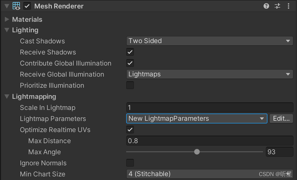 Mesh Renderer 组件的 Lightmapping 折叠中的 Lightmap Parameters 属性下拉列表的图像。