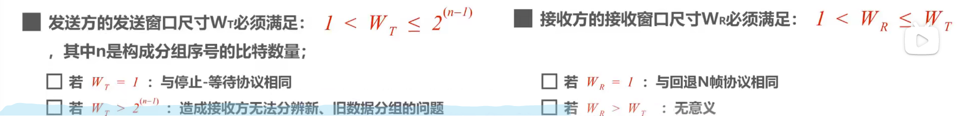 1. 发送窗口尺寸Wt必须满足：1 < Wt <= 2的(n-1)次方