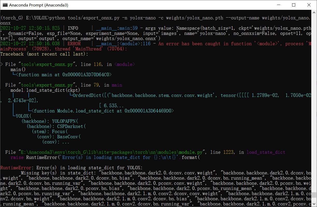 yolox_nano.pth转换yolox_nano.onnx文件报错：Missing key(s) & Unexpected key(s