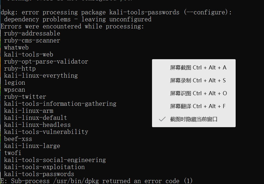 安装wsl下的kali linux时出现的包的问题