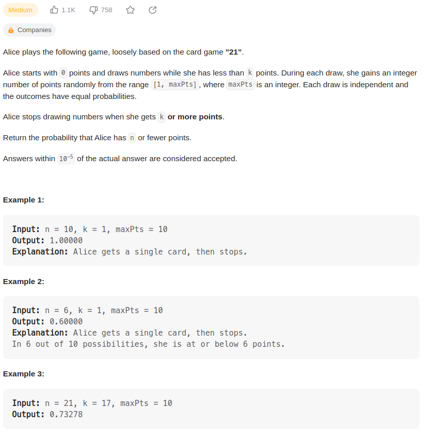 leetcode 837. New 21 Game（新21点）-CSDN博客