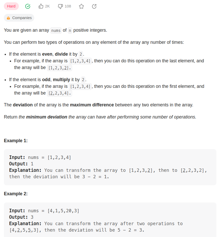 leetcode 1675. Minimize Deviation in Array（最小化数组偏差）