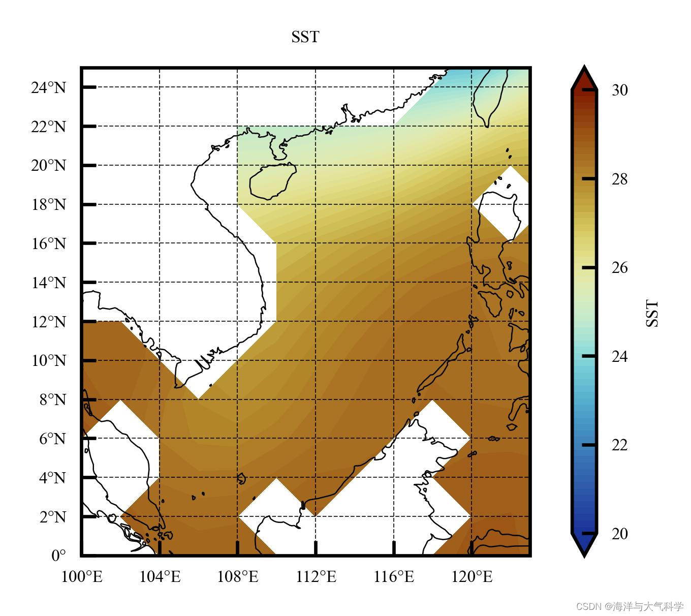 【python海洋专题十二】年平均的南海海表面温度图