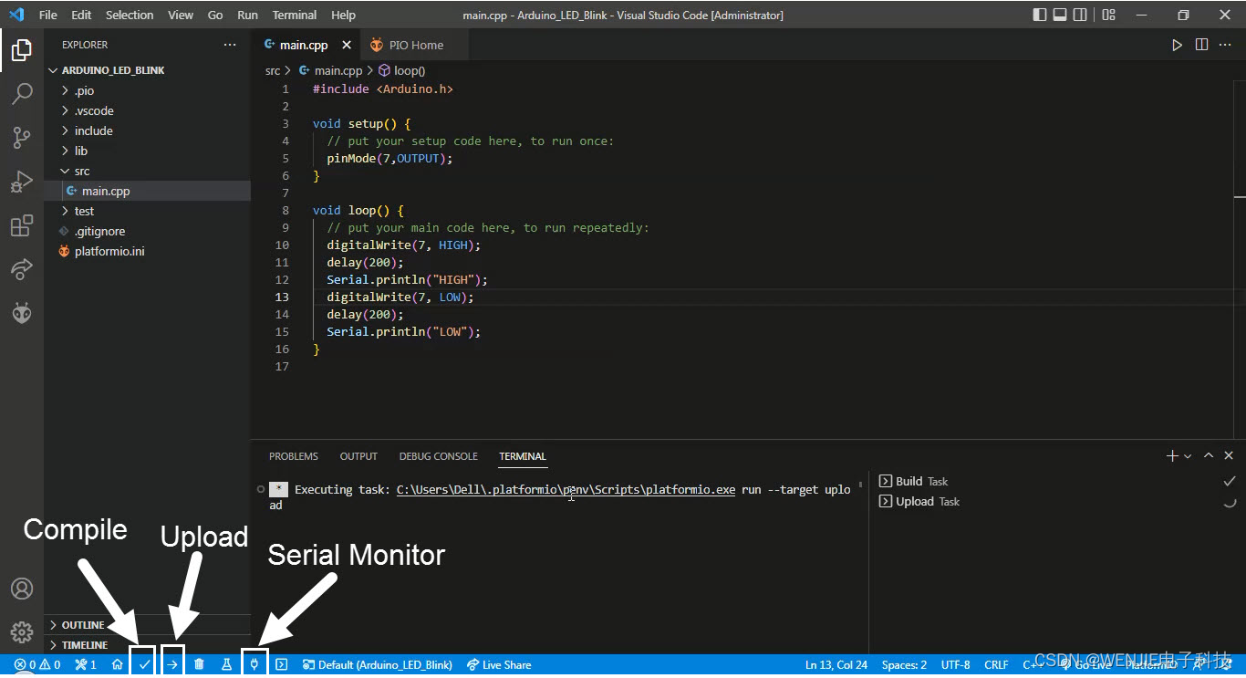 PlatformIO compile upload and serial port monitoring button