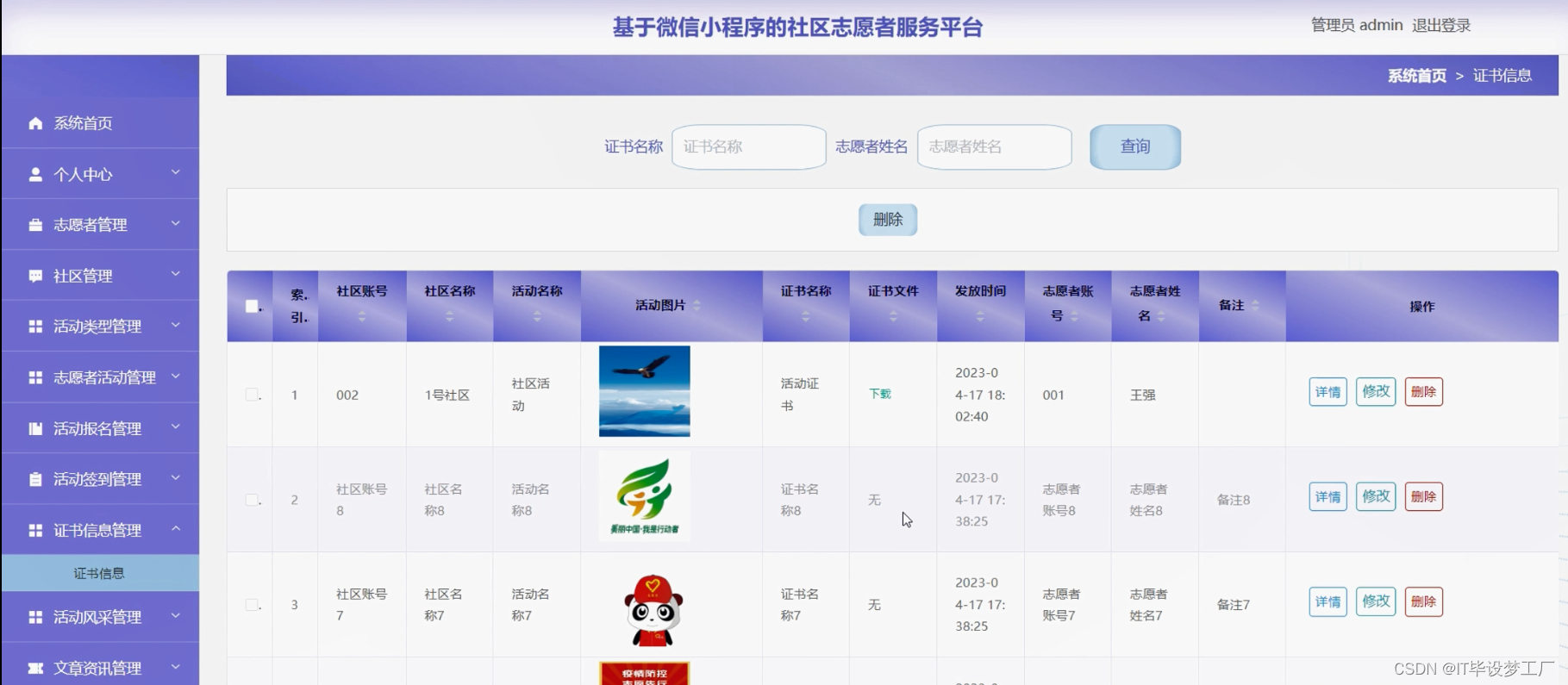 社区志愿者服务微信小程序/安卓APP-证书信息管理-管理员