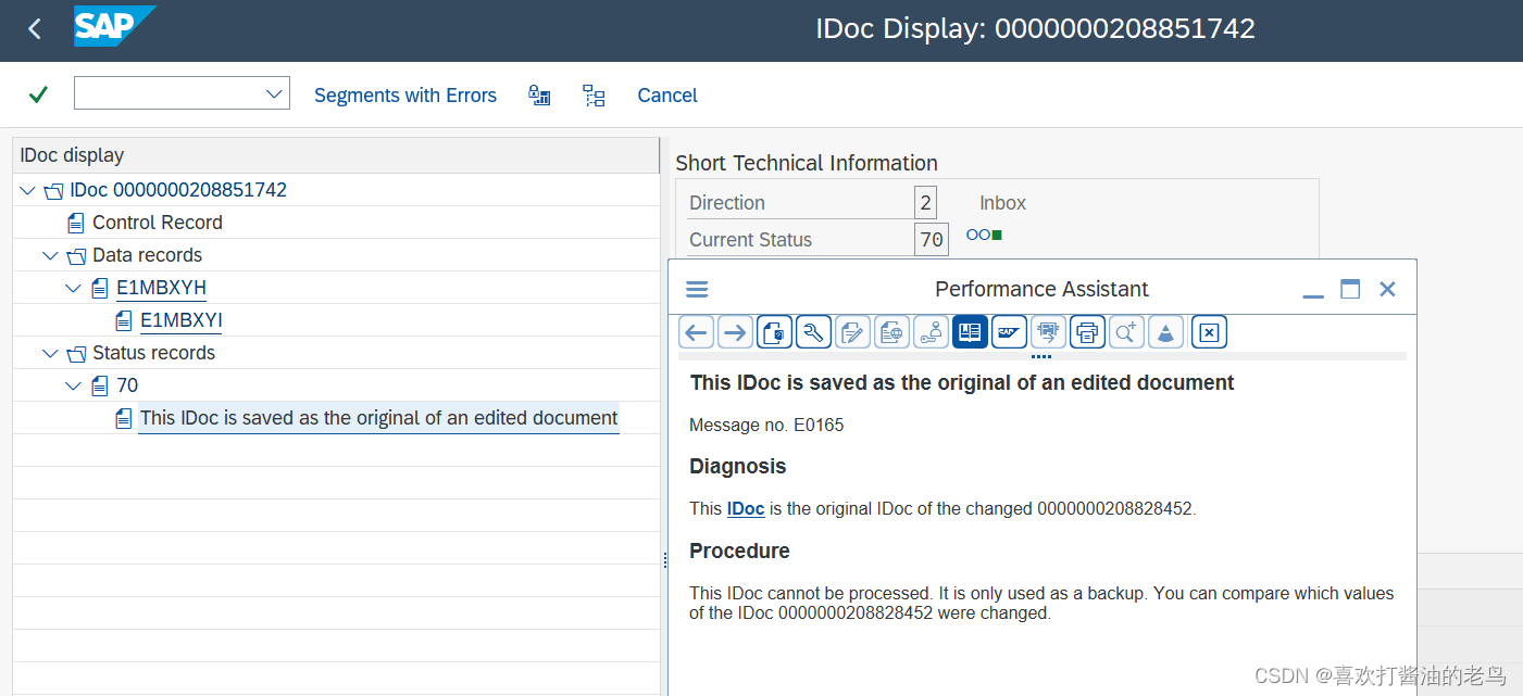 SAP IDoc状态70 - This IDoc is saved as the original of an edited document.