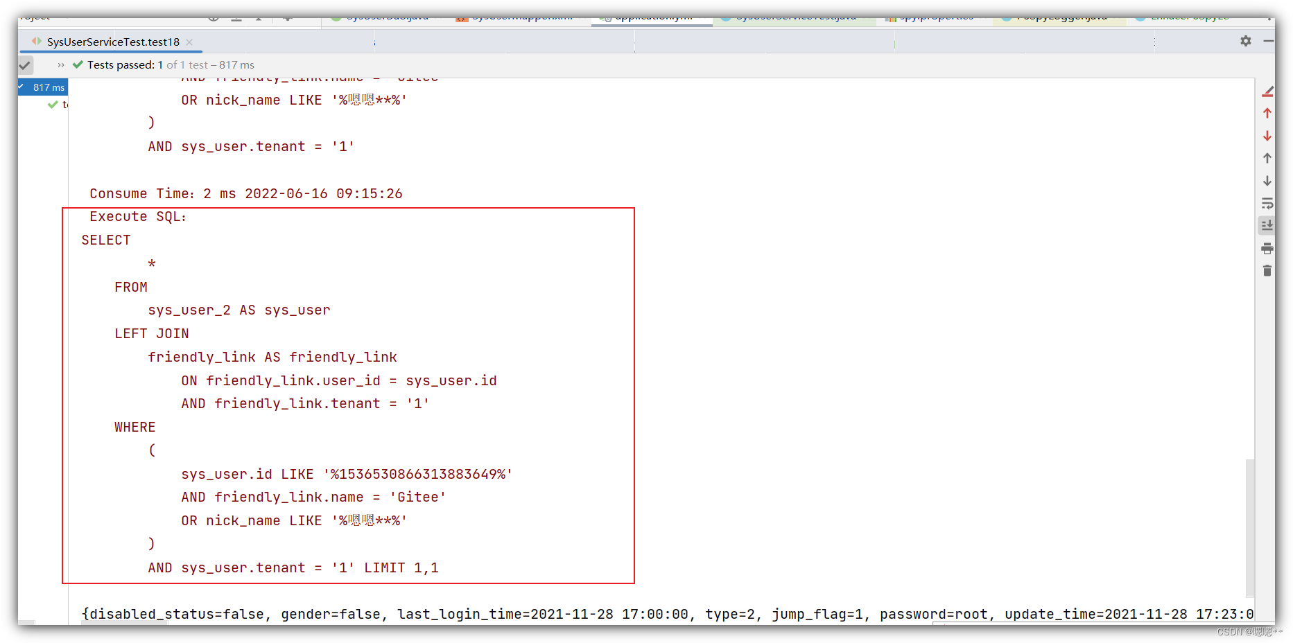 MybatisPlus：SQL语句打印、SQL分析、自定义主键值策略填充（IdType.INPUT）、动态表名、多租户、枚举、类型处理器、连表自定义SQL（使用wrapper）