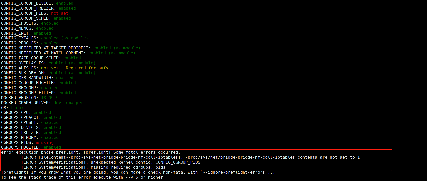 unexpected kernel config: CONFIG_CGROUP_PIDS