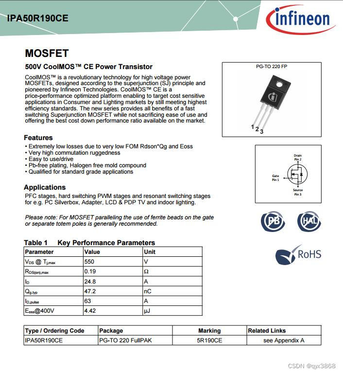 ASEMI代理英飞凌IPA50R190CE，MOS管IPA50R190CE参数