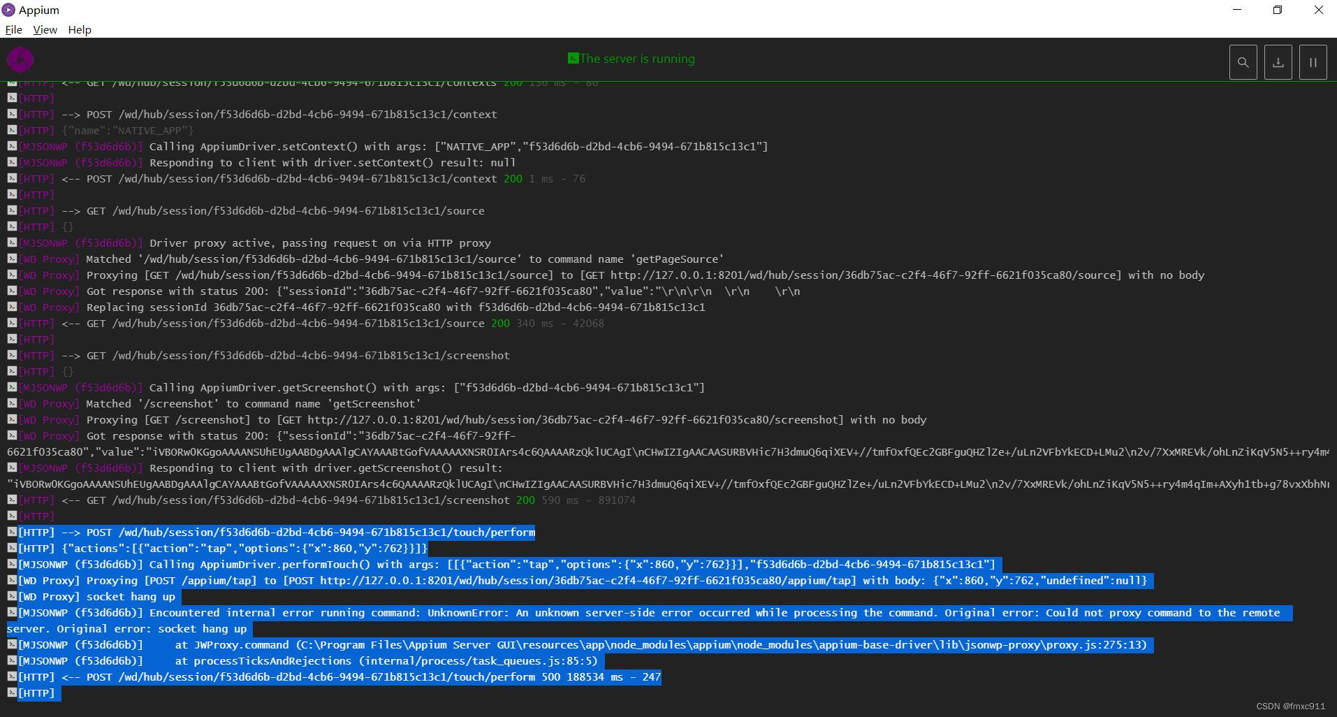 appium Original error: Could not proxy command to the remote server. Original error: socket hang up