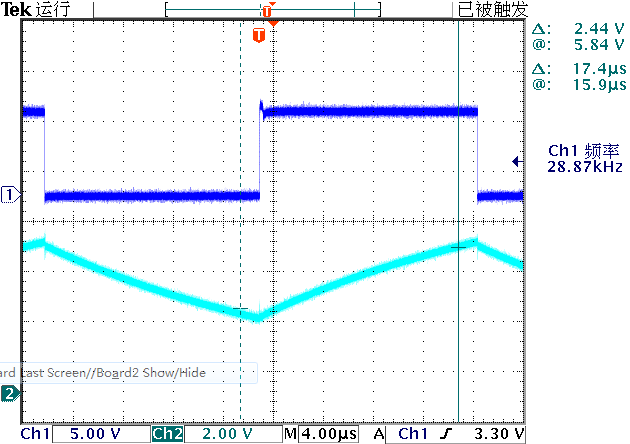 ▲ 图1.1.4 测量555的PIN3（蓝色），PIN2（青色）波形