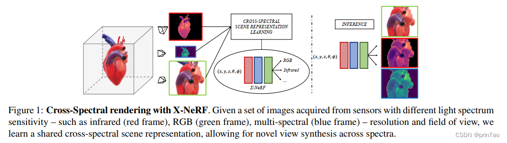 模态： infrared (red frame), RGB (green frame), multi-spectral (blue frame)