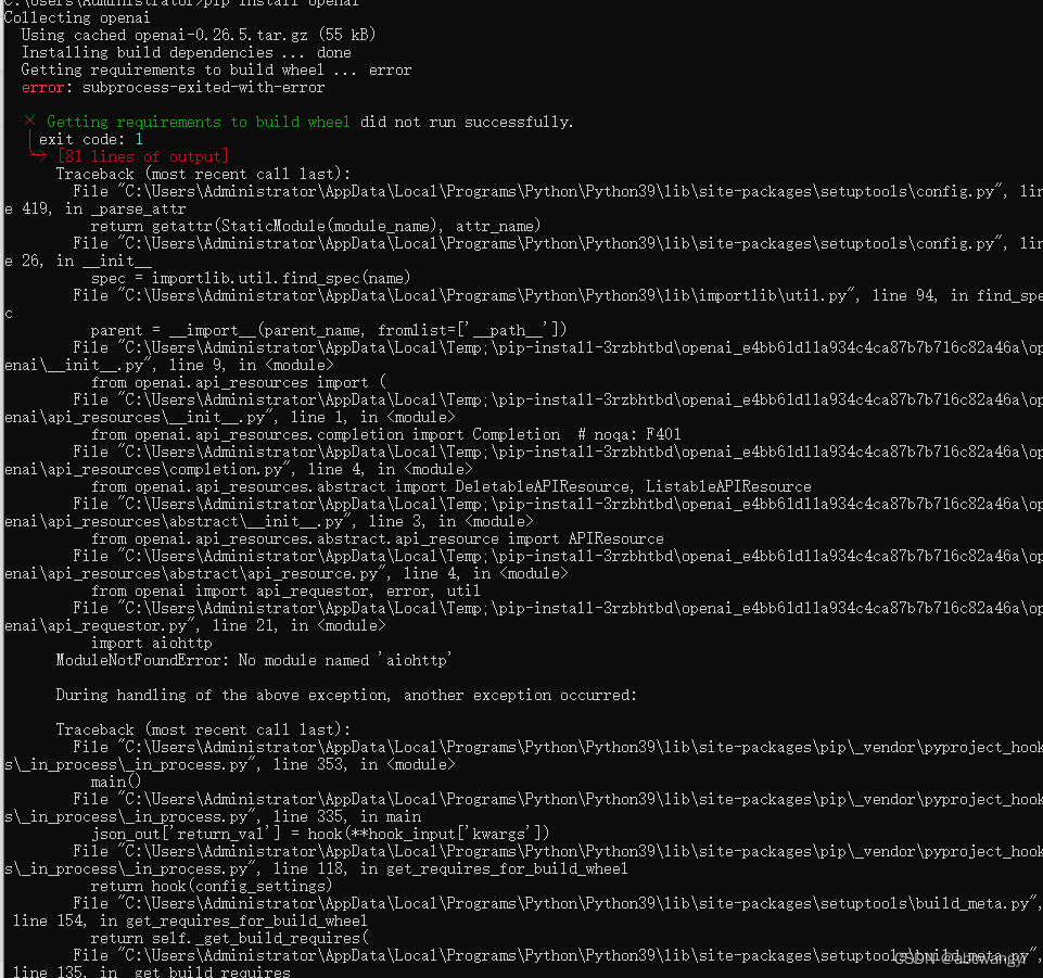 Pip Isntall Openai Error Subprocess exited with error pip 