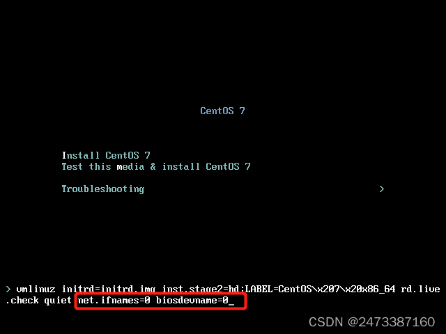 点击开启虚拟机，来到这个页面按键盘的Tab键，显示出图中画面，在最后一行的末尾空格输入net.ifnames=0 biosdevname=0后回车，解释:这一条指令是修改网卡名称，第一张网卡以eth0命名，第二张网卡以eth1命名，以此类推