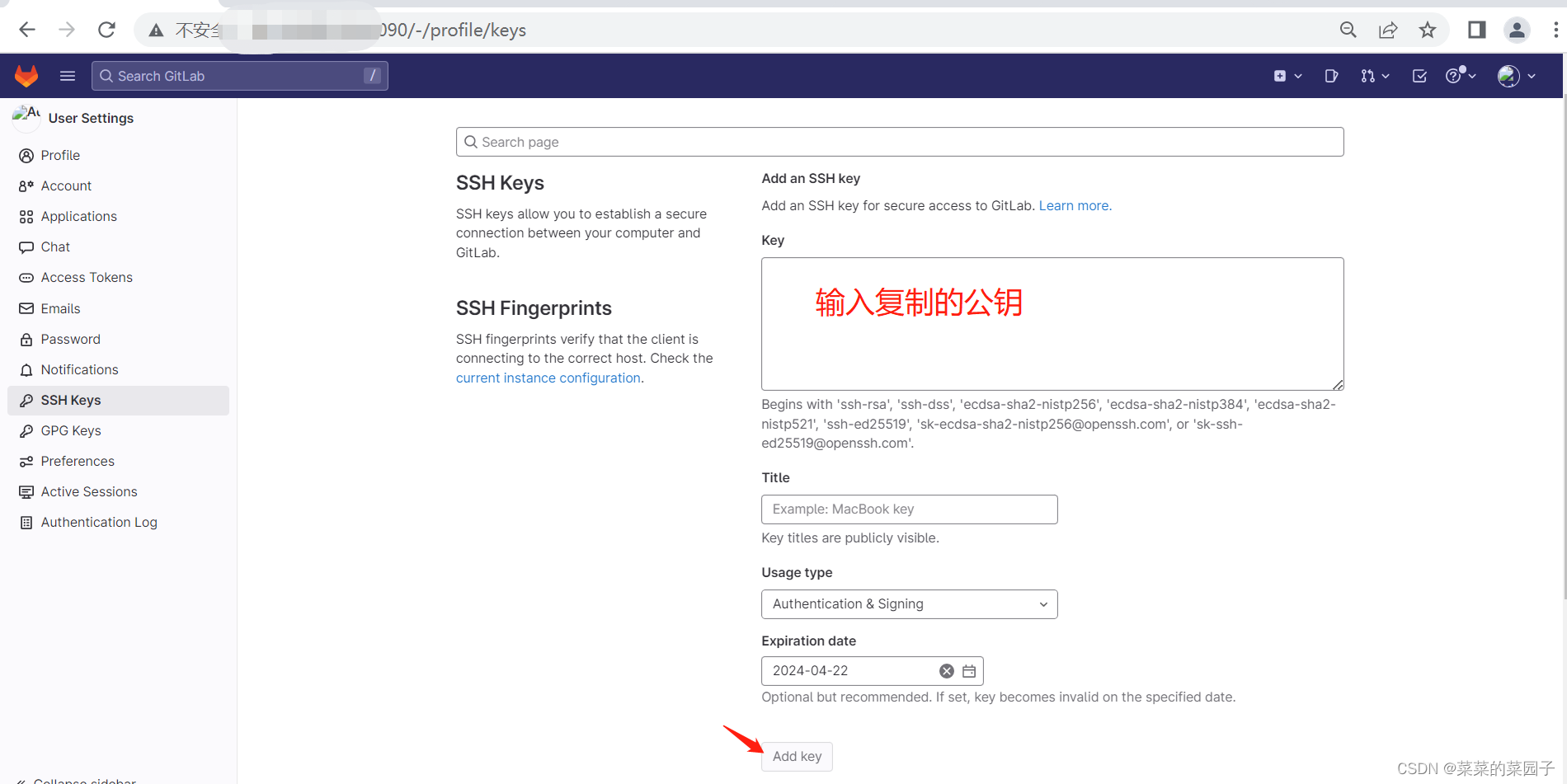 gitlab添加公钥的地方