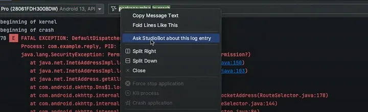 通过右键单击Logcat中的错误，向Studio Bot提问