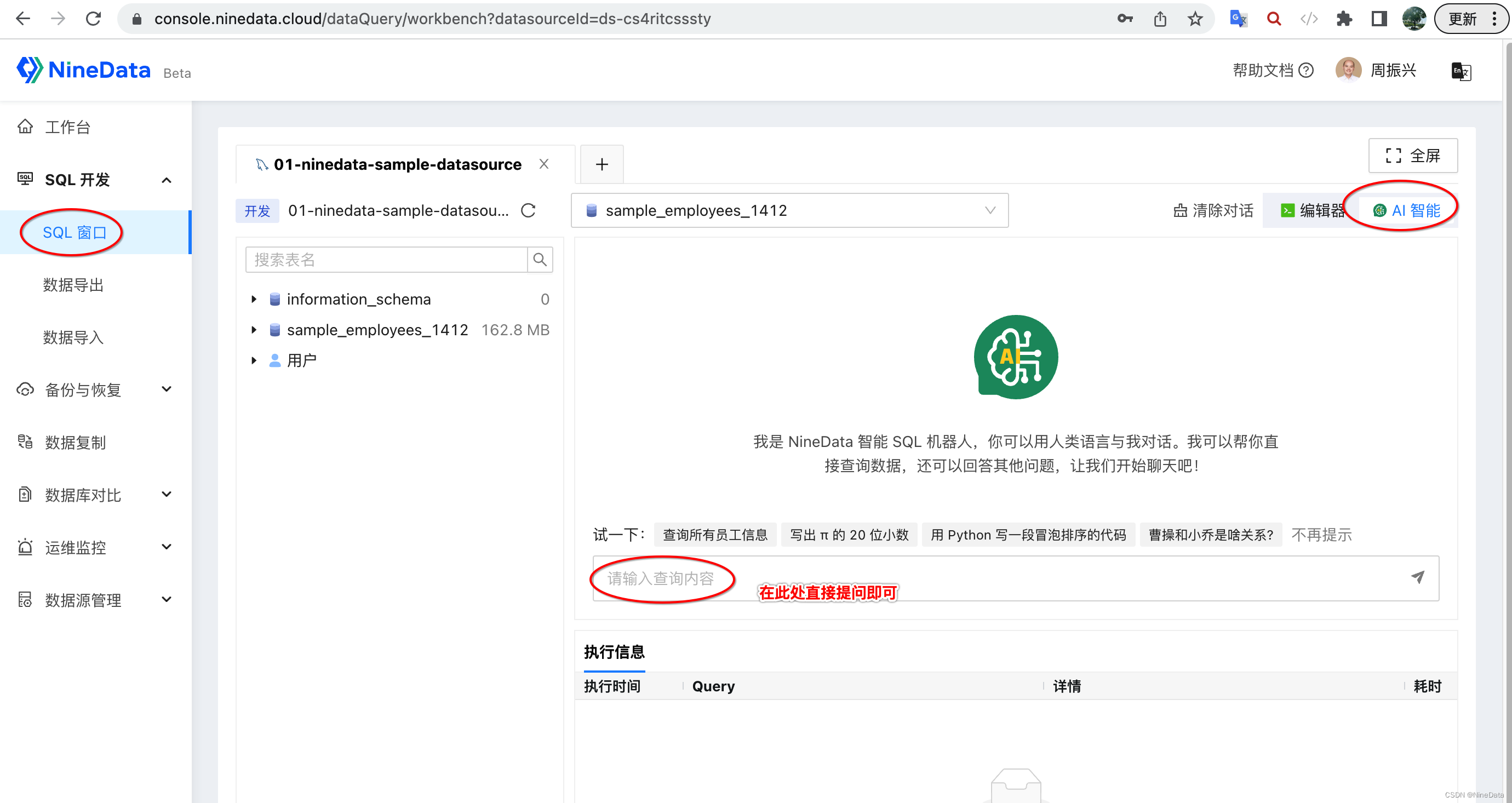 使用NineData的SQL窗口”，并点击“AI智能