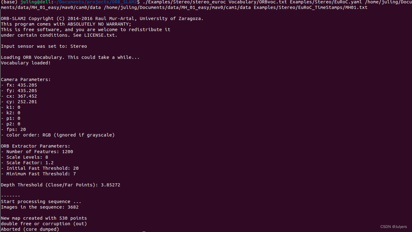 ubuntu22.04+ORB_SLAM2运行报错：New map created with 530 points double free