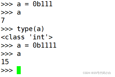 进入python3,对一个二进制数a赋值，并将其作为十进制数输出。其中判断a的类型