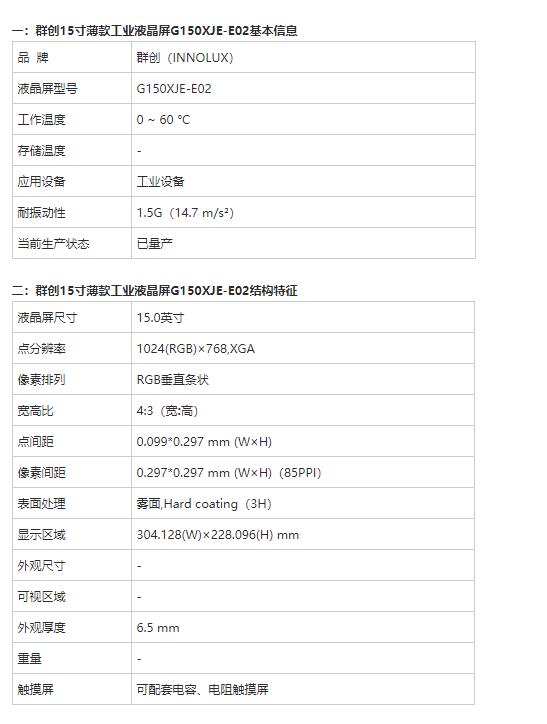 15寸工业液晶屏G150XJE-E02参考参数资料