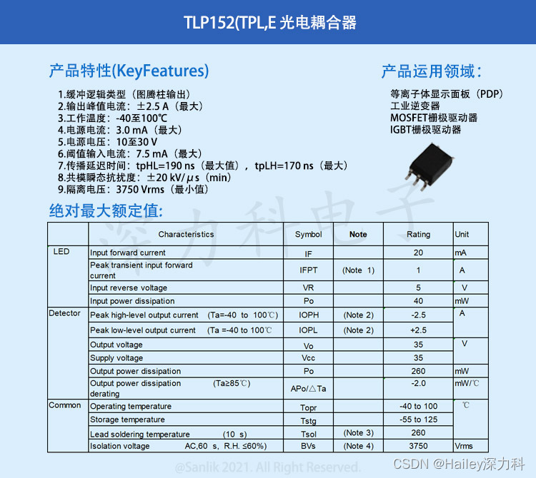 东芝光电耦合器TLP152(TPL,E的工作原理以及应用