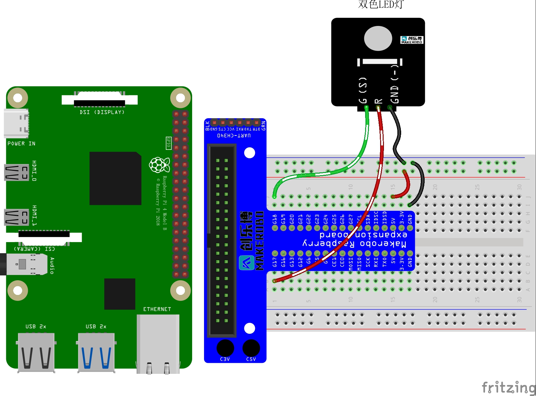 1,双色led灯模块原理图2,树莓派管脚图3,接线图4,python源代码#!