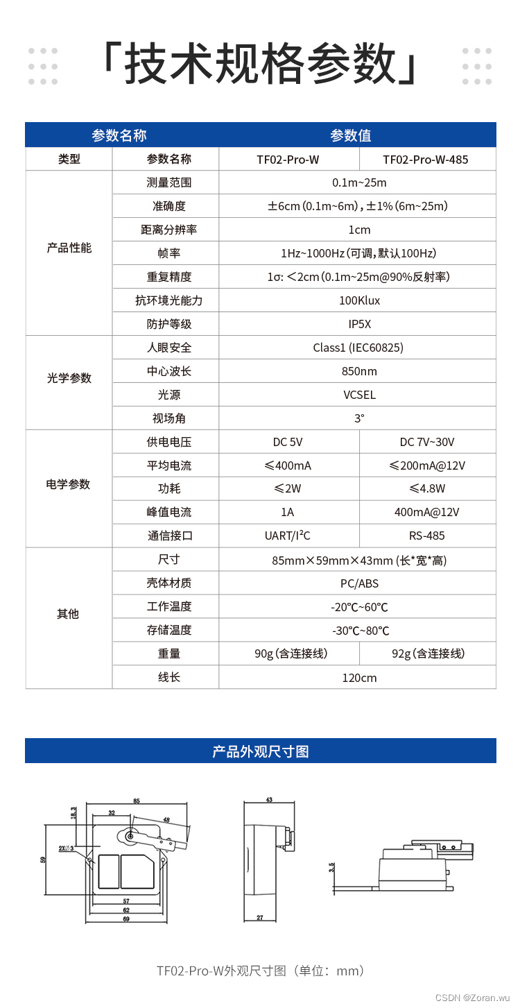 Benewake(北醒) 中距 TF02-Pro-W TTL/485介绍以及资料整理