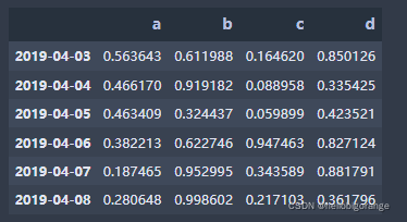 生成有6行4列行索引(index)和列索引(columns)的pandas:
![a b c d
2019-04-03 0.738911 0.879335 0.999508 0.526841
2019-04-04 0.953549 0.241815 0.766645 0.404490
2019-04-05 0.828219 0.438556 0.410837 0.604586
2019-04-06 0.773841 0.206463 0.106903 0.226936
2019-04-07 0.642087 0.493921 0.694423 0.705399
2019-04-08 0.263436 0.842878 0.242580 0.874247