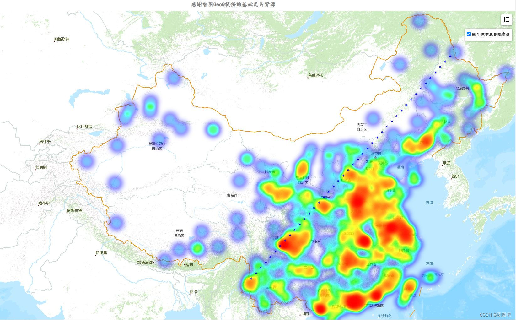 folium 绘制黑—腾冲线，与地市分布密度热力图