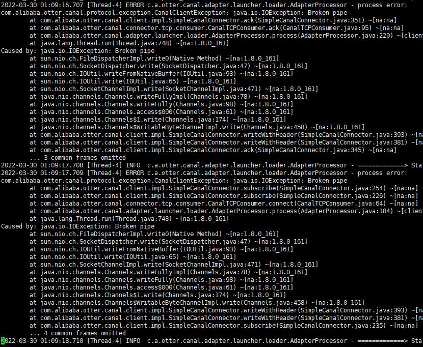 canal工具不能同步问题处理Broken pipe_error c.a.otter.canal.adapter.launcher