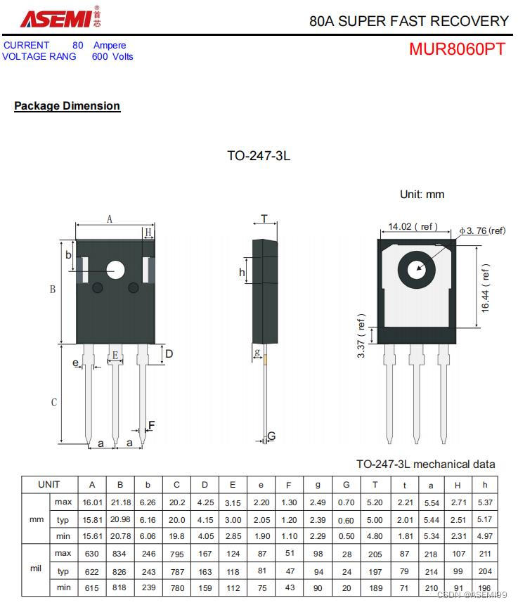 MUR8060PT-ASEMI大电流快恢复二极管80A 600V