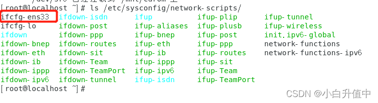  ifcfg-ens33是我们的网卡， ifcfg-ens32， ifcfg-ens34等等都是网卡，可以通过自己的机器用该命令进行查看。