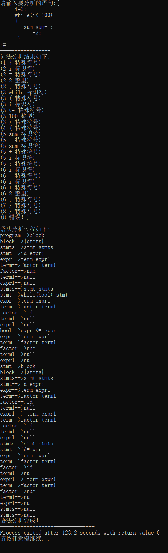 C++：编译实验之递归下降分析器