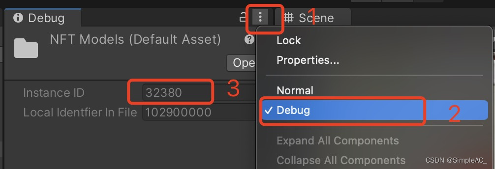 切换到Inspector的debug模型，然后获取到instance id，编辑器扩展的代码中用的上