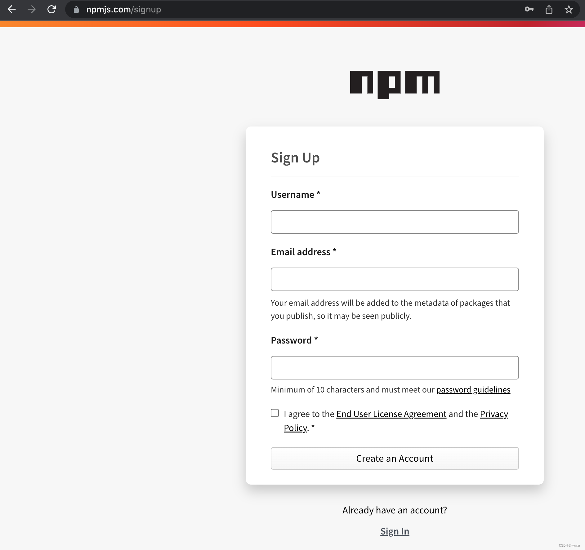 Register npm account