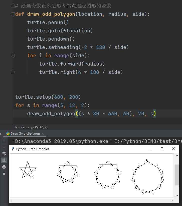 还要会画其内邻点连线图形,比如说五角星:importturtleturtle