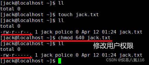 jack 创建一个文件，自己可以读 r 写 w，本组人可以读，其它组没人任何权限