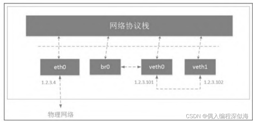 连接veth pair的bridge设备的网络拓扑如图