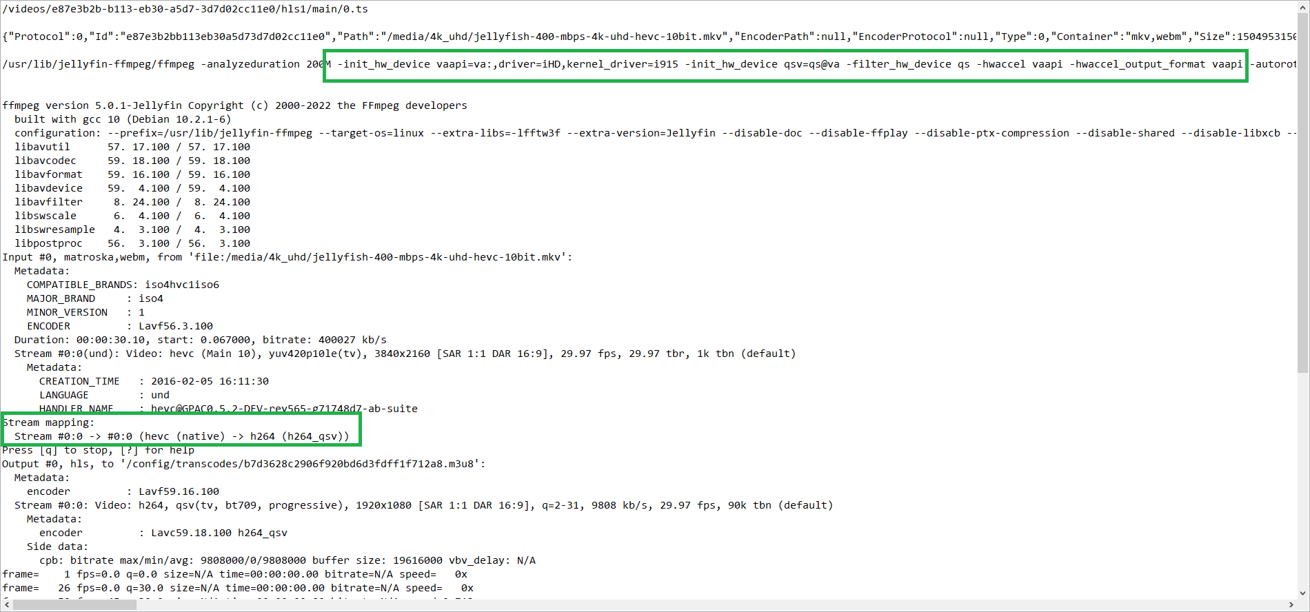 Log of Hardware Decode / Encode for jellyfish-400-mbps-4k-uhd-hevc-10bit.mkv