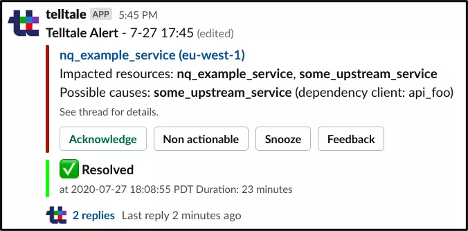 Slack 中的 Telltale 通知示例